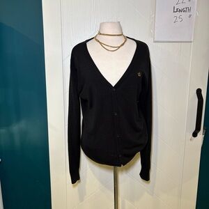 Black V-Neck Cardigan Gold Crown Embroidery Button Front Knit Sweater Size Large